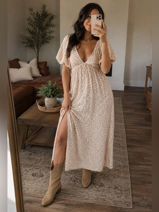 saltwater LUXE Dresses & Skirts - NWT Saltwater Luxe Tristan Puff Sleeve Midi Dress Sand Beige Floral Size S Boho